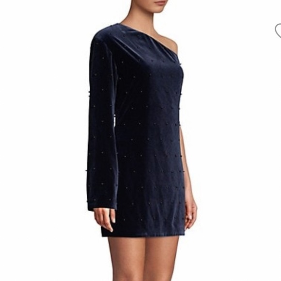 RtA NAVY VELVET AND PEARLS EDIE ONE SHOULDER MINI DRESS SIZE 4 - Picture 5 of 16